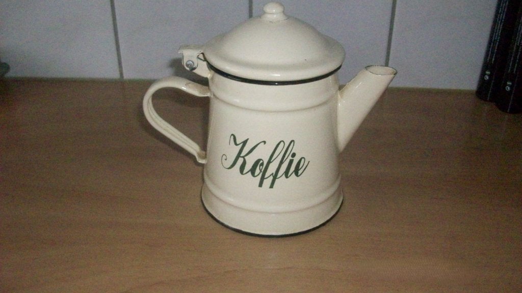 Emaille koffiepotje met tekst, Beige, Overige typen, Ophalen of Verzenden, Zo goed als nieuw