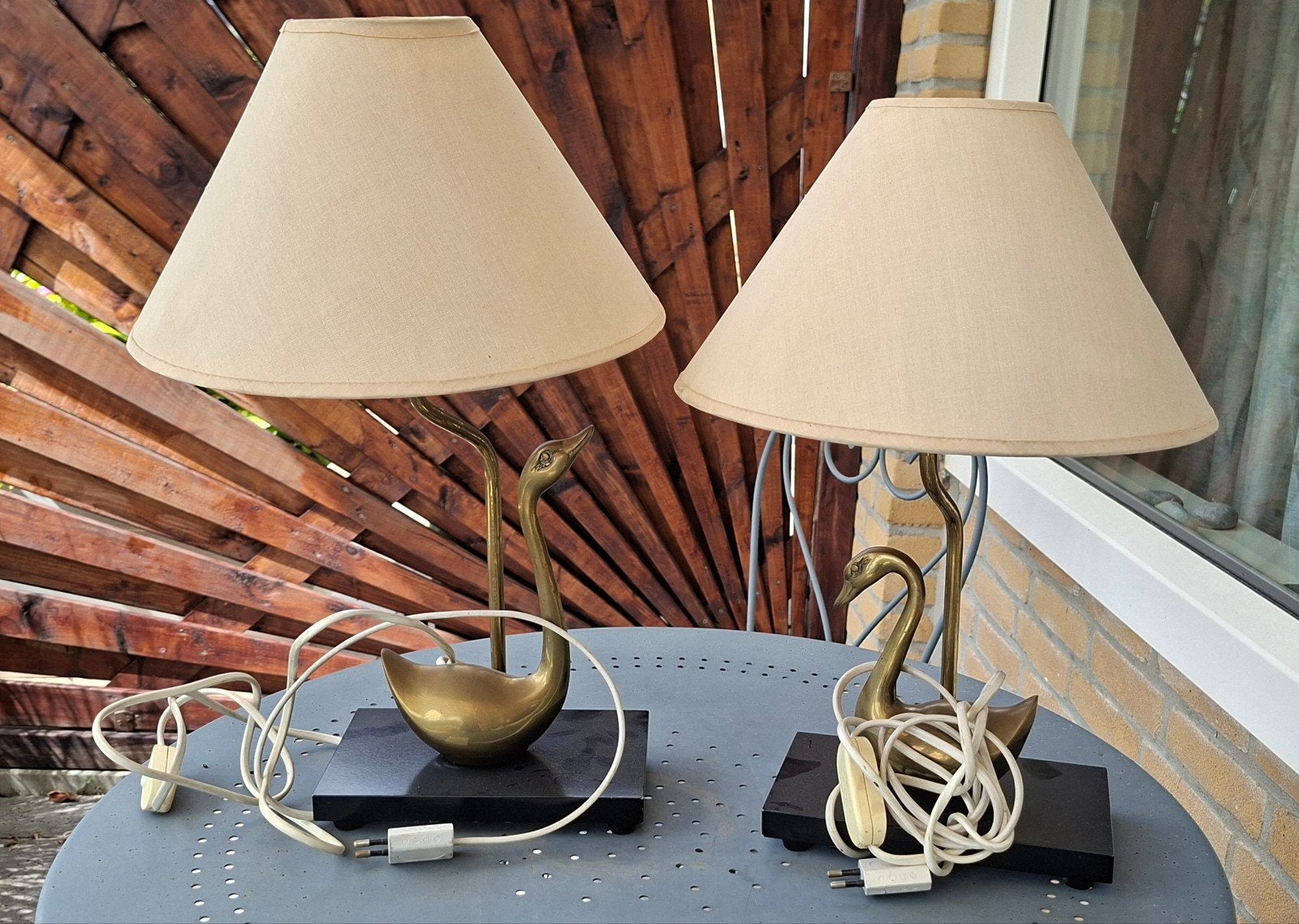 Set van 2 Vintage Messing Zwaan Tafellampen, Ophalen