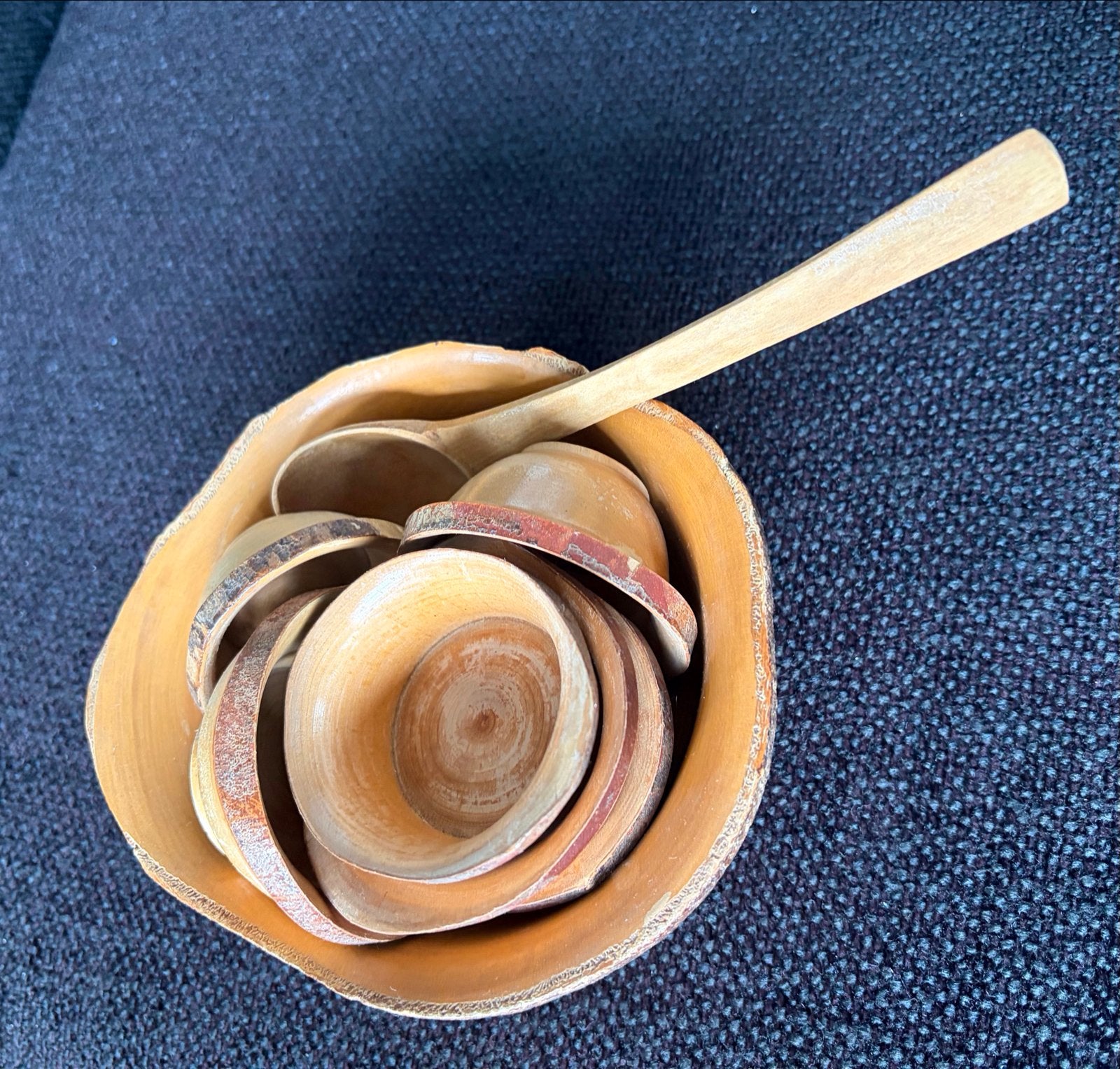 Vintage houten schaaltjes en lepel set - bijna 60 jaar oud, Ophalen