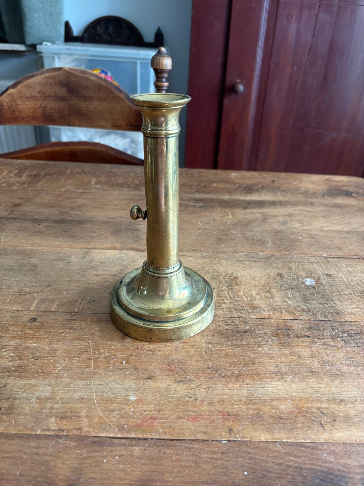 Antieke Franse Koperen Schuifkandelaar - 19 cm Hoog, Ophalen of Verzenden, Koper of Brons