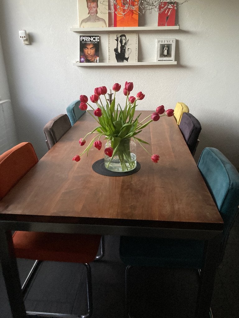 Eettafel kersenhout en rvs, Huis en Inrichting, Tafels | Eettafels, Ophalen, Gebruikt, 200 cm of meer, 50 tot 100 cm