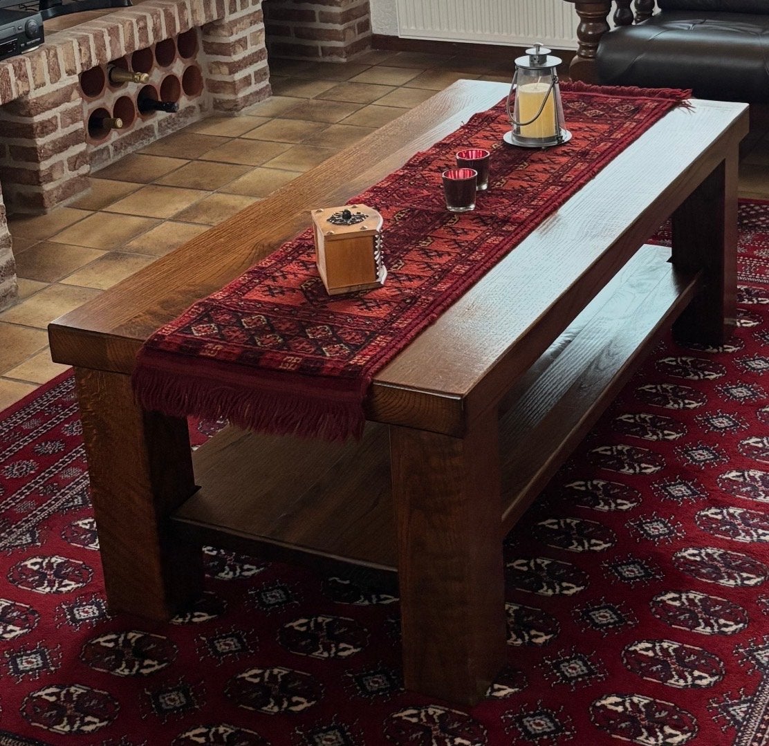 Robuuste houten salontafel met opbergplank, Ophalen, Gebruikt, 100 tot 150 cm, 50 tot 100 cm
