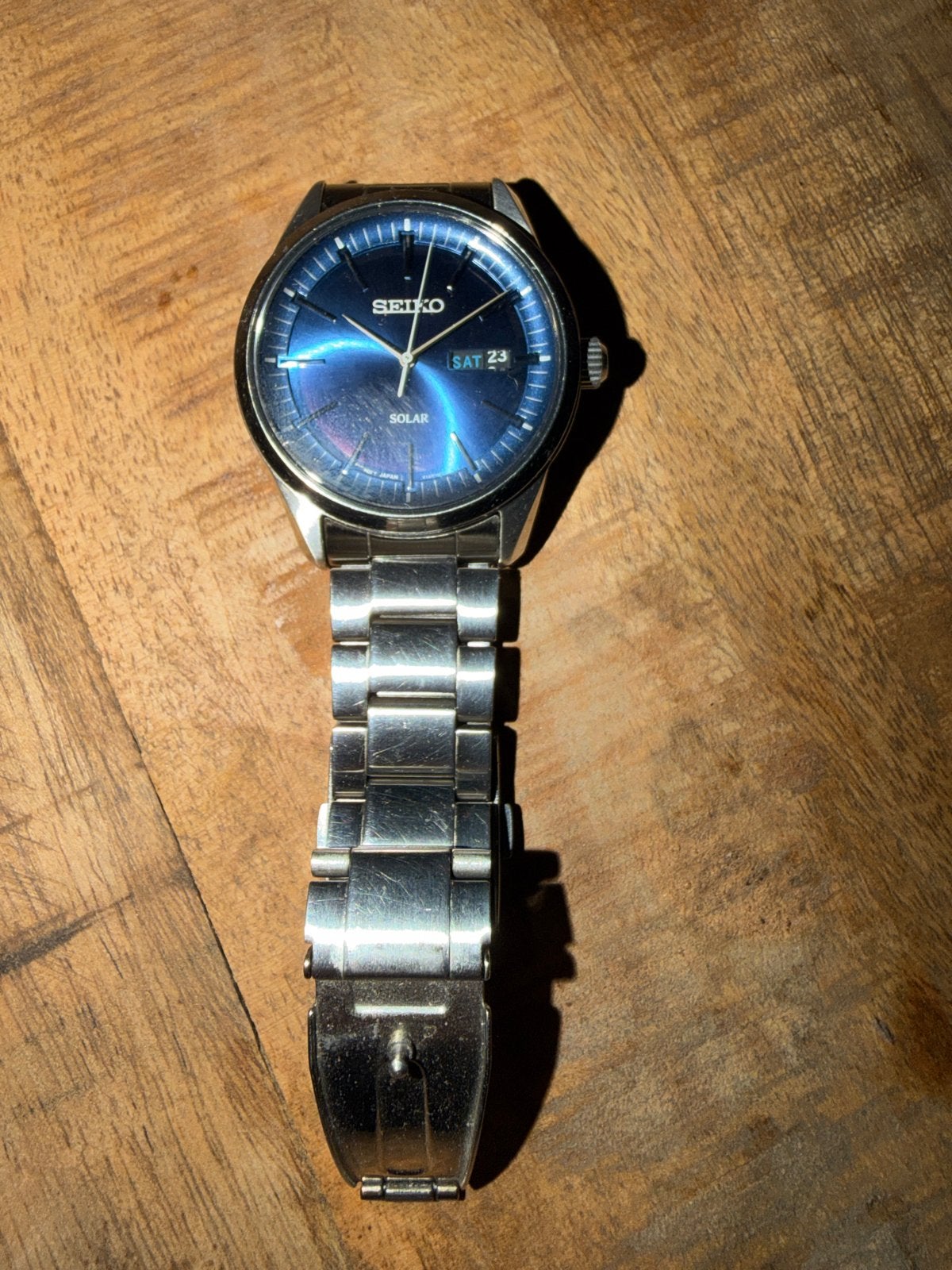 Stijlvol Seiko Solar Horloge met Blauwe Wijzerplaat, Ophalen, Gebruikt, Polshorloge, Seiko