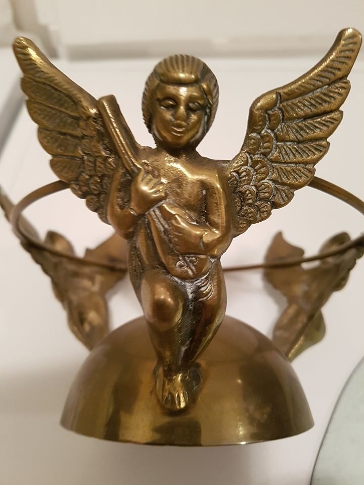 Vintage Bronzen en glazen fruitschaal schaal met 3 Engelen, Ophalen, Brons