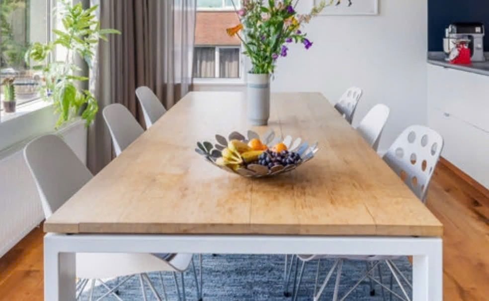 Eettafel 220x100 cm (L x B) Wit frame eiken blad, Ophalen, Gebruikt, 200 cm of meer, 50 tot 100 cm