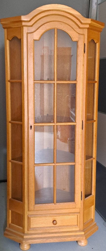 Eiken hoek vitrinekast, Ophalen, Gebruikt, 50 tot 100 cm, 150 tot 200 cm