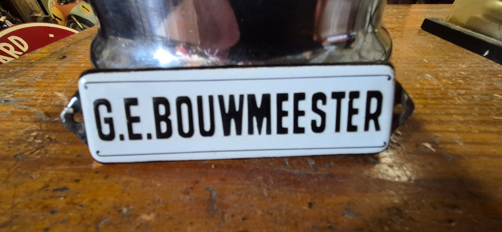 Oud emaille bordje G.E. BOUWMEESTER 12x3 cm, Ophalen of Verzenden
