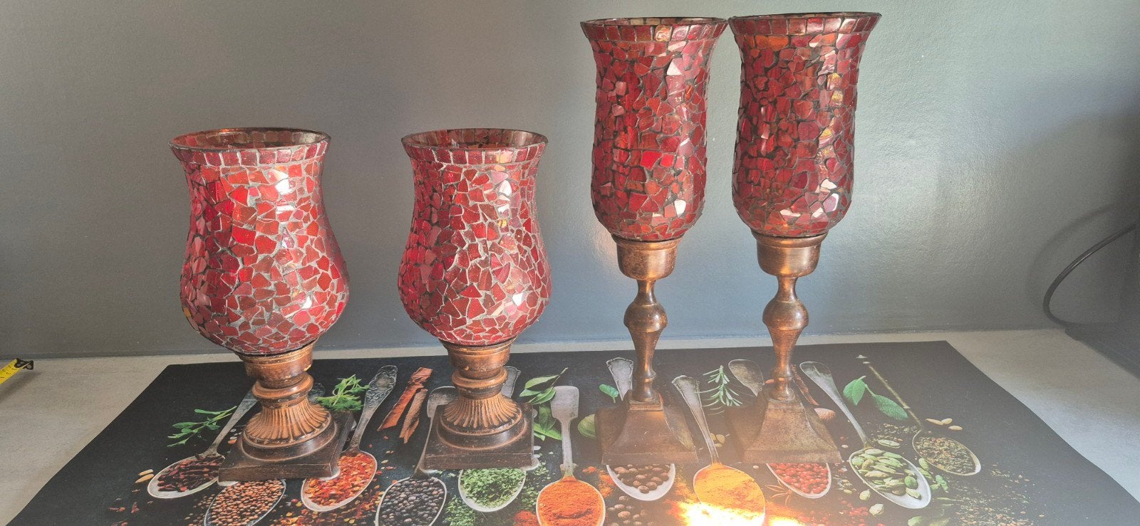 Prachtige 4-delige set windlichten rood mozaïek op gietijzer, Ophalen of Verzenden