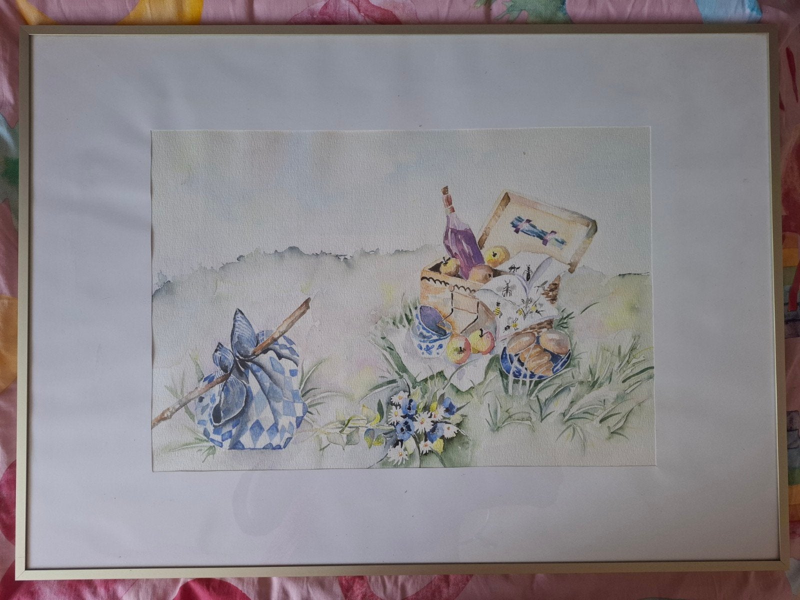 Aquarel stilleven met picknickmand en bloemen, Antiek en Kunst, Ophalen, Realistisch, Stilleven, Aquarel