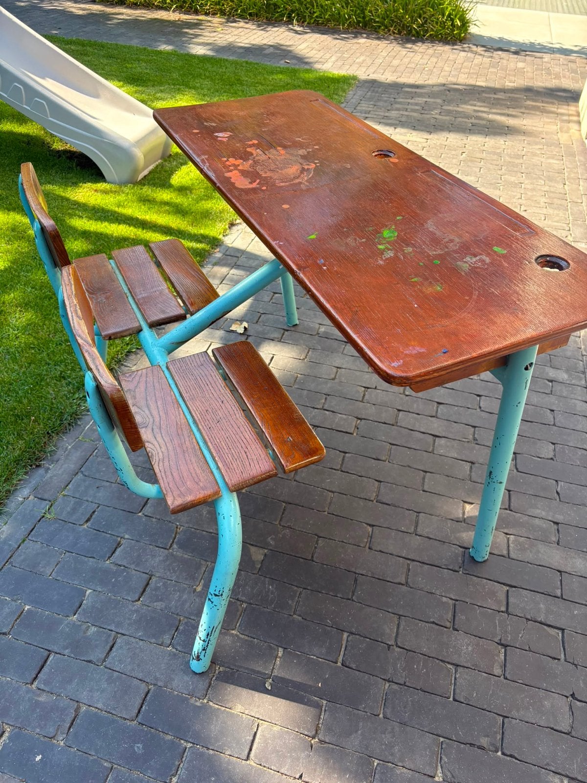 Vintage kinder schoolbankje met 2 zitplaatsen, Ophalen