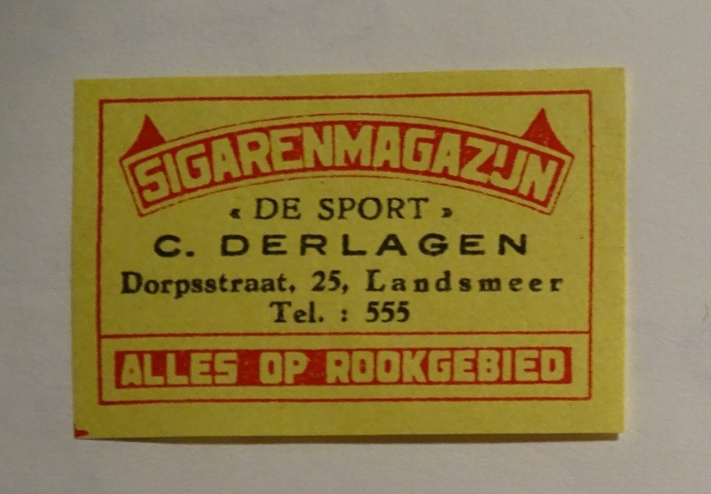 Sigarenmagazijn   DE SPORT  C. DERLAGEN    LANDSMEER, Verzenden, Zo goed als nieuw, Luciferdoosjes of -merken