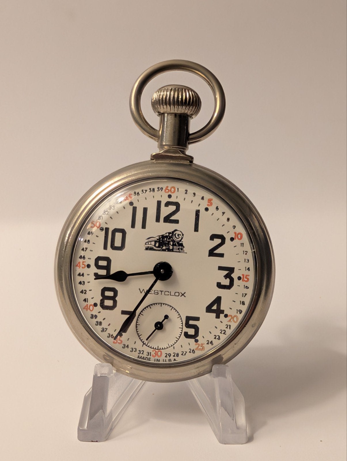 Vintage Westclox Zakhorloge met Trein Gravure, Overige merken, Overige materialen, Zakhorloge, 1930 tot 1960