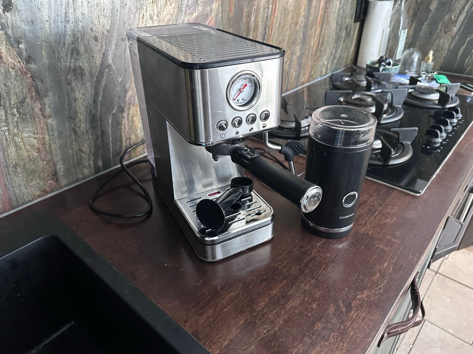 Lunasea pistonmachine met Silvercrest koffiemaler, Gebruikt, Espresso apparaat, Gemalen koffie, 2 tot 4 kopjes