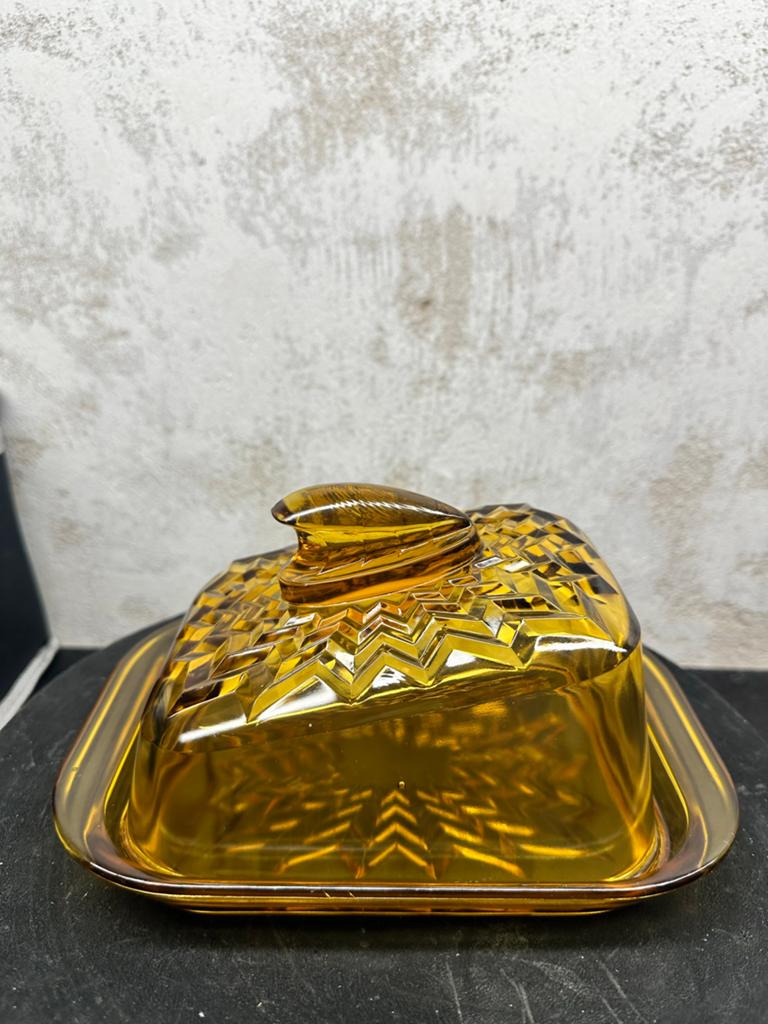 Antieke amberkleurige glazen kaasstolp 'Neerlandia' A.D. Cop, Antiek en Kunst, Ophalen of Verzenden