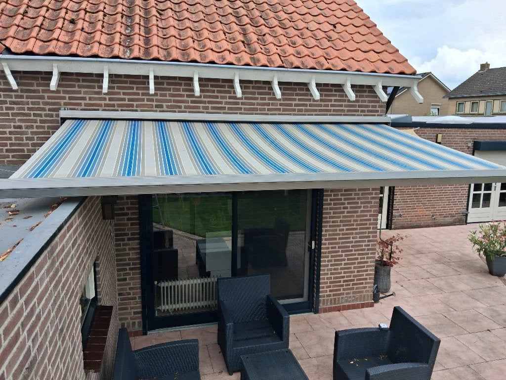 zonwering knikarmscherm 4.30 mtr, Ophalen, Gebruikt, 150 tot 300 cm, 250 cm tot 450 cm