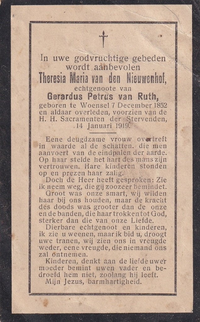 Nieuwenhof Theresia 1852 Woensel 1919, Verzamelen, Ophalen of Verzenden, Bidprentje