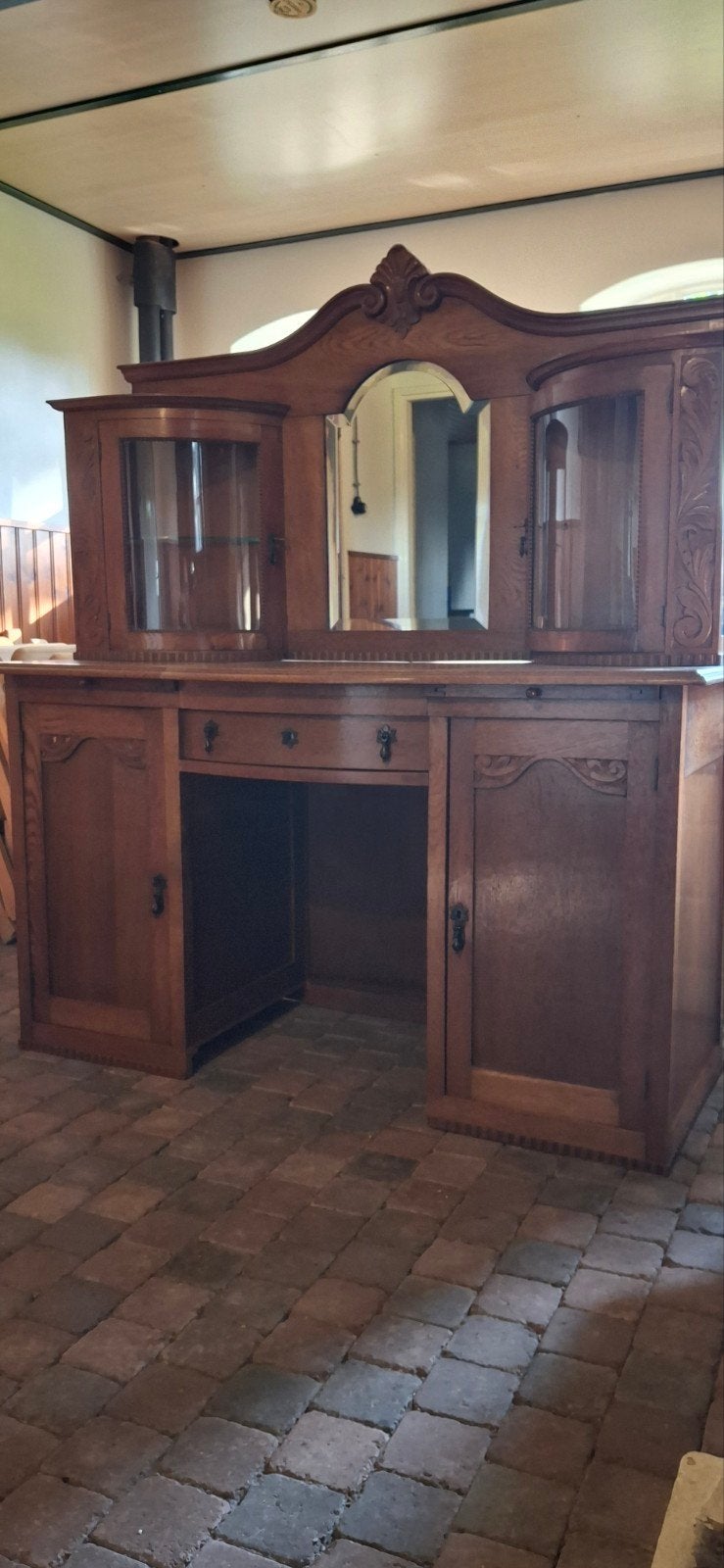 Eiken Bureau/Schrijftafel met Opzetstuk en Gebogen Glas, Ophalen