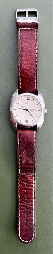Skagen Denmark Herenhorloge - Staal met Leren Band, Overige merken, Staal, Polshorloge, Ophalen of Verzenden