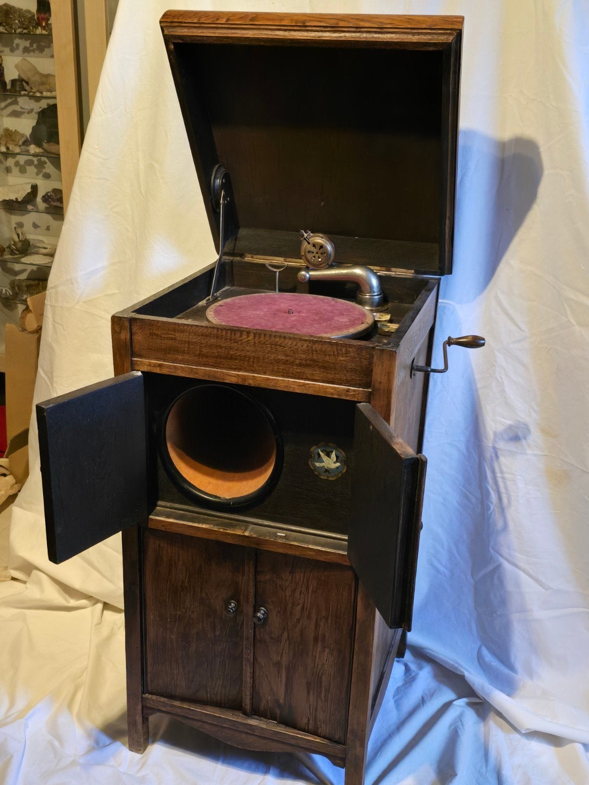 Antieke Houten Platenspeler met Zwengel en Platen, Ophalen