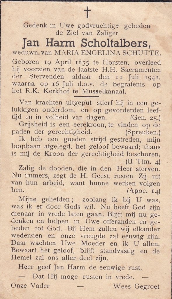 Scholtalbers Jan 1855 Horsten 1941 begr. Musselkanaal, Ophalen of Verzenden, Bidprentje