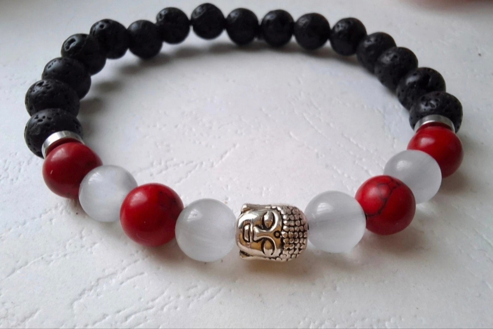 Armband buddha 8 mm natuursteen kralen wit rood zwart, Overige materialen, Met bedels of kralen, -, -