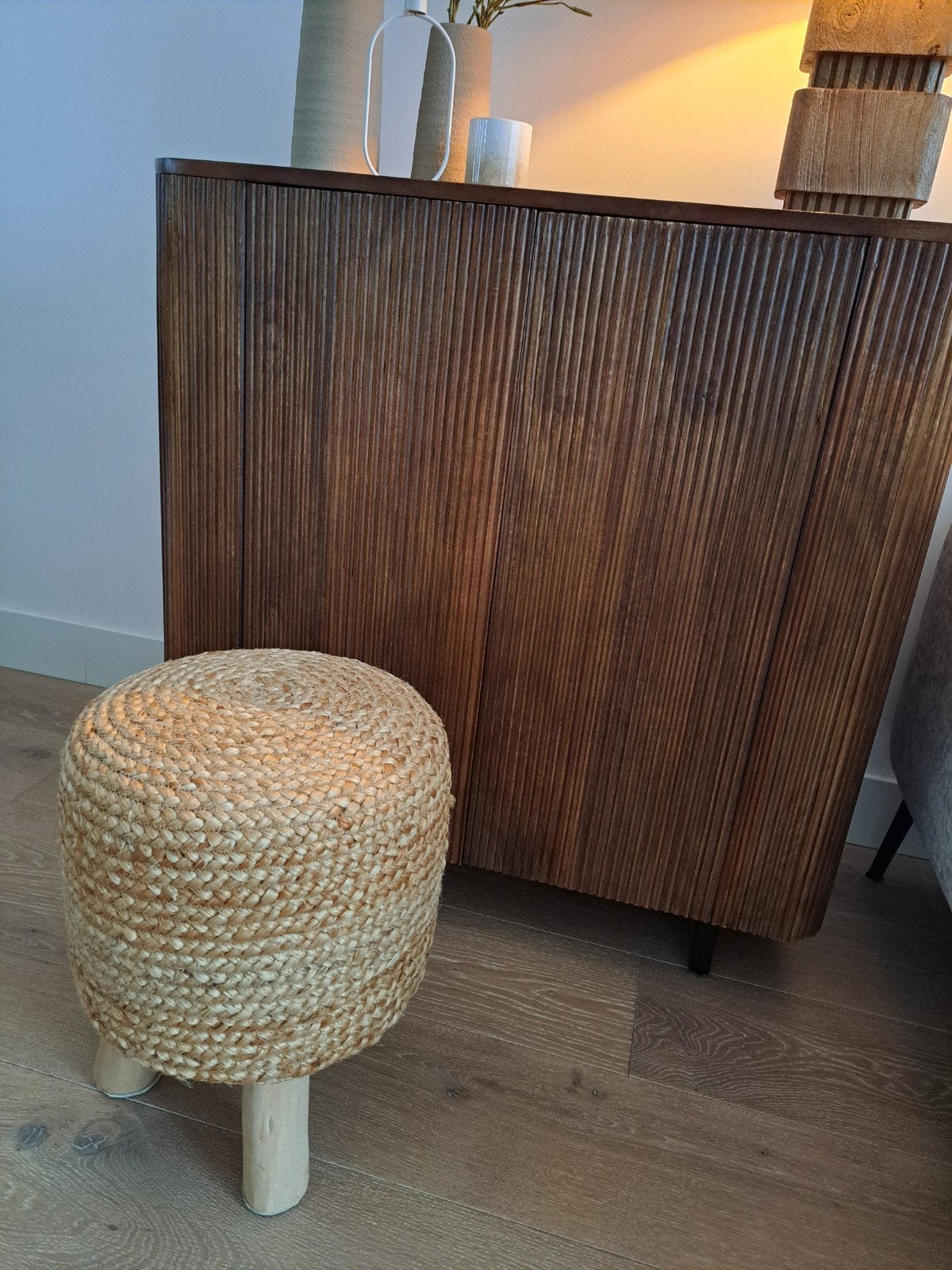 Jute krukje met houten poten, Ophalen, Zo goed als nieuw, Overige materialen