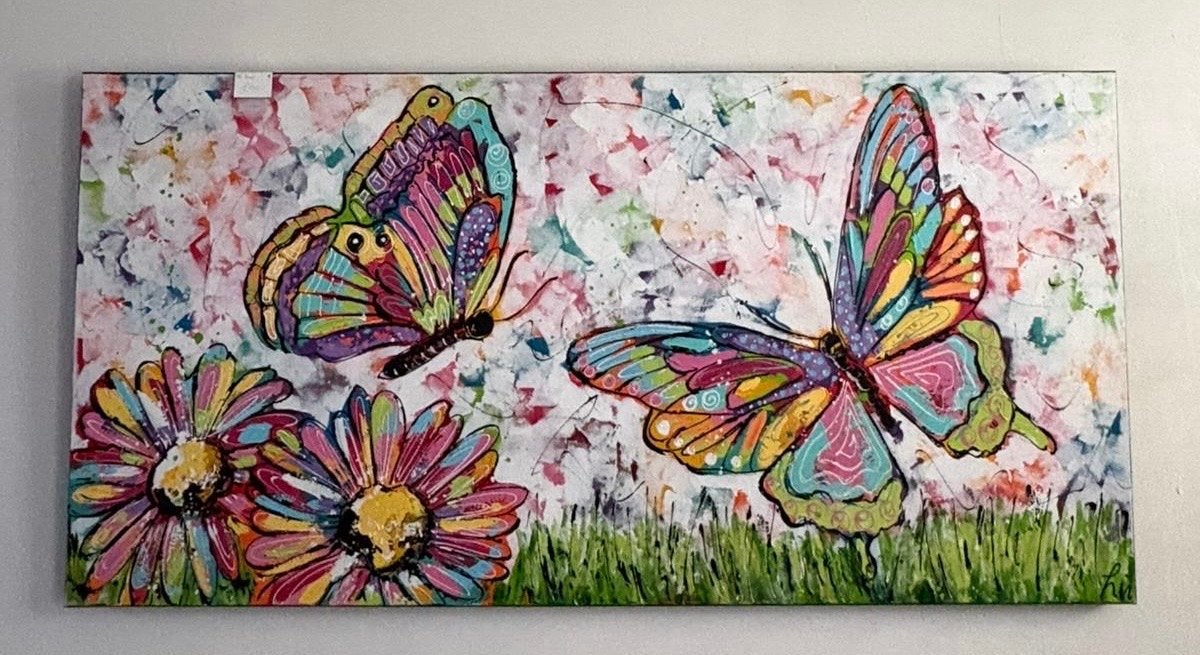 Vrolijk schilderij van Liz: vlinders en bloemen, Ophalen, Handgeschilderd, Textiel, Overige technieken