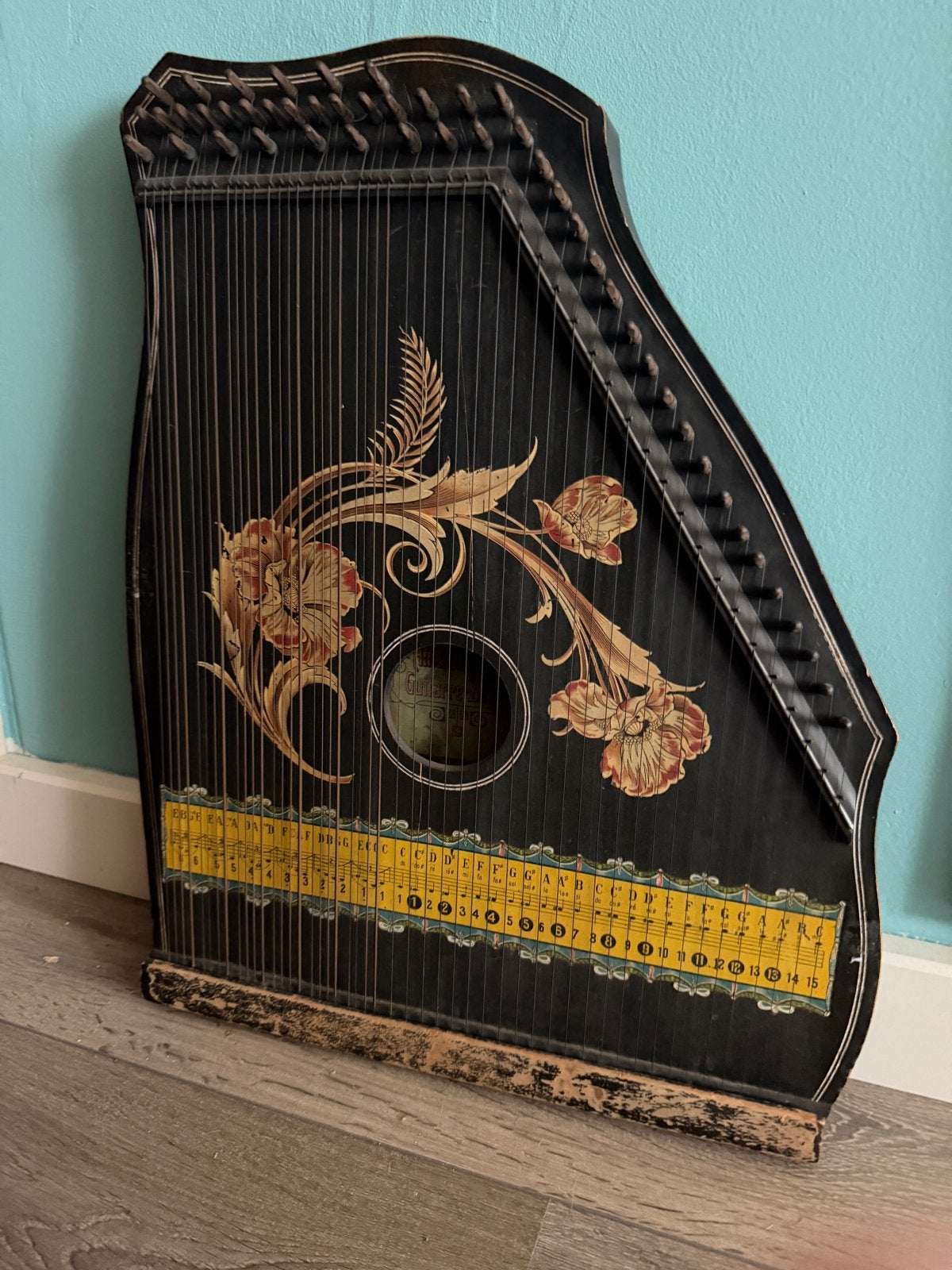 Antieke Zither/Citer met bloemmotief, Ophalen of Verzenden, Gebruikt, Citer
