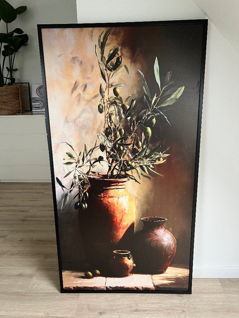 Mediterraan schilderij met olijftakken in terracotta potten, Ophalen, Doek, Realistisch, Stilleven