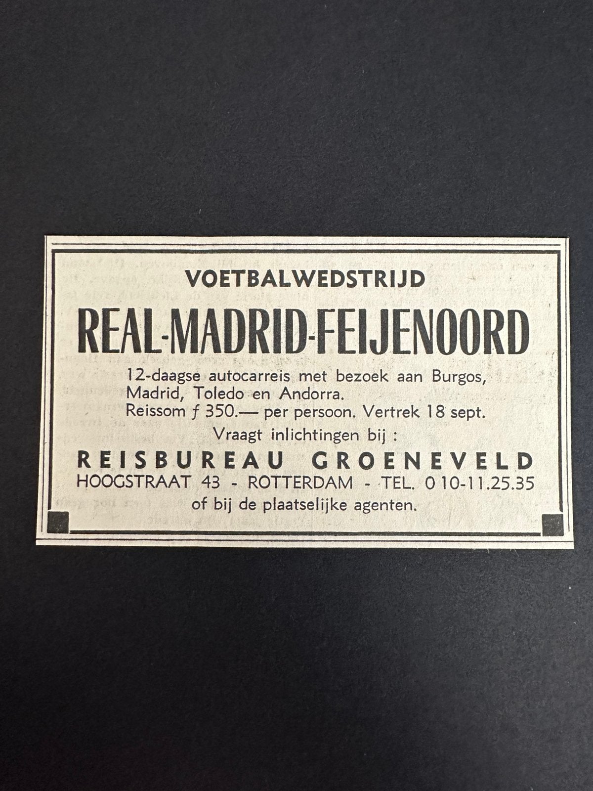 Voetbal reklame Real Madrid Feyenoord 1965, Verzamelen, Ophalen of Verzenden, 1960 tot 1980, Tijdschrift