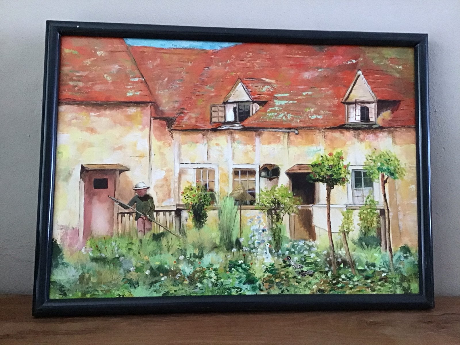 Schilderij: Man in tuin bij huis, Antiek en Kunst, Ophalen, Doek, Realistisch, Gesigneerd