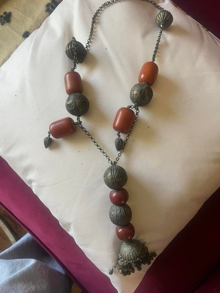 Vintage Jemenitische stijl ketting - Boho statement, Ophalen of Verzenden, Gebruikt, Rood, Overige materialen
