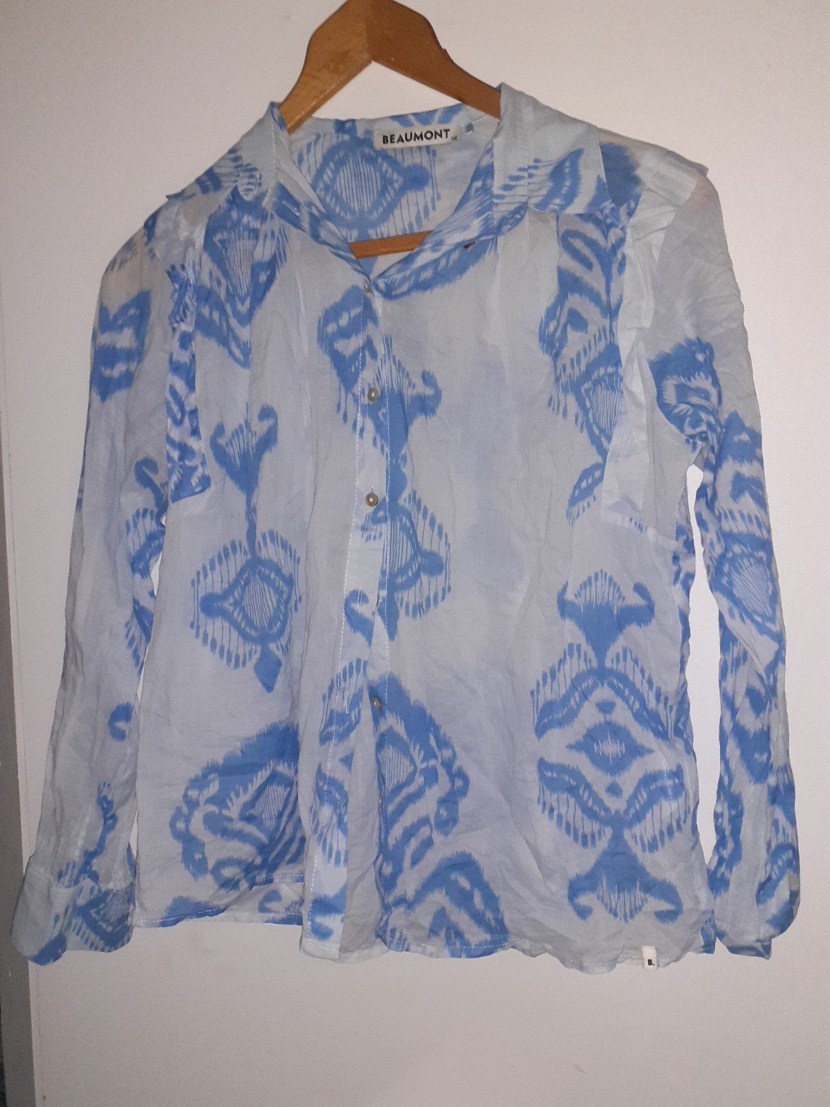 Transparante Beaumont blouse met blauw patroon, Maat 38/40 (M), Wit, Beaumont, Ophalen of Verzenden