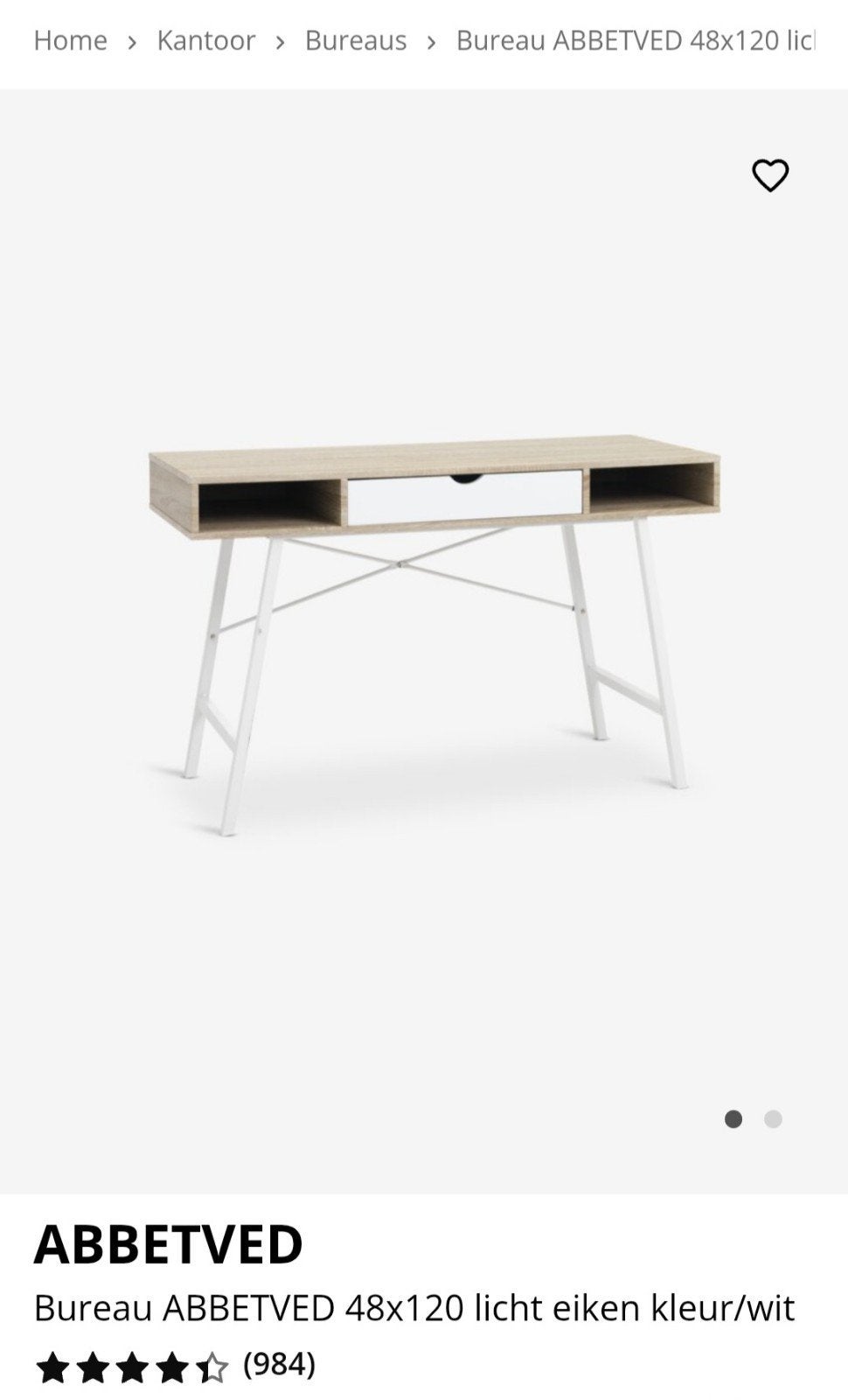 ABBETVED Bureau 48x120 licht eiken kleur/wit, Huis en Inrichting, Bureaus, Gebruikt, Computerbureau, Overige merken, Modern, Spaanplaat of MDF