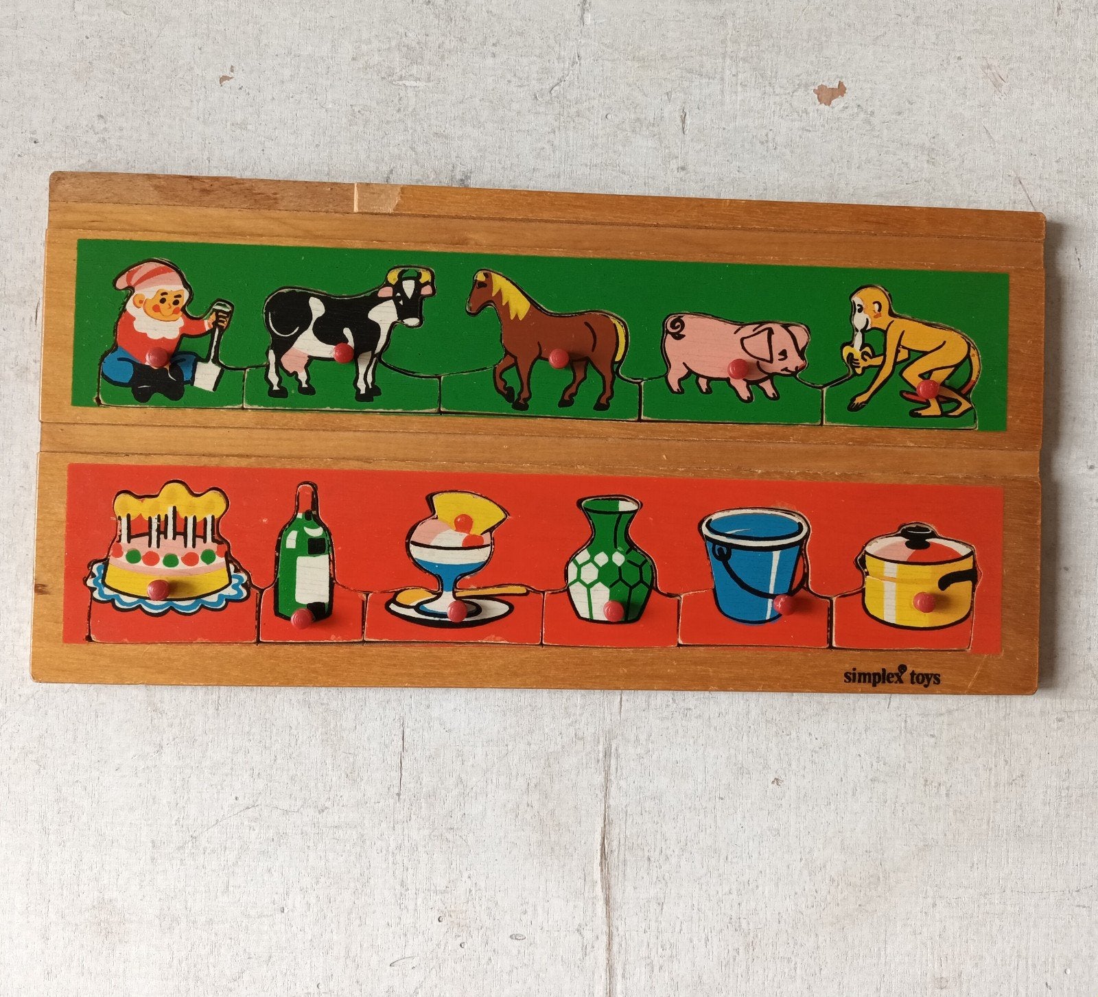 Vintage Simplex Toys Houten Puzzel Dieren en Objecten, Ophalen of Verzenden, 10 tot 50 stukjes, Gebruikt, Van hout