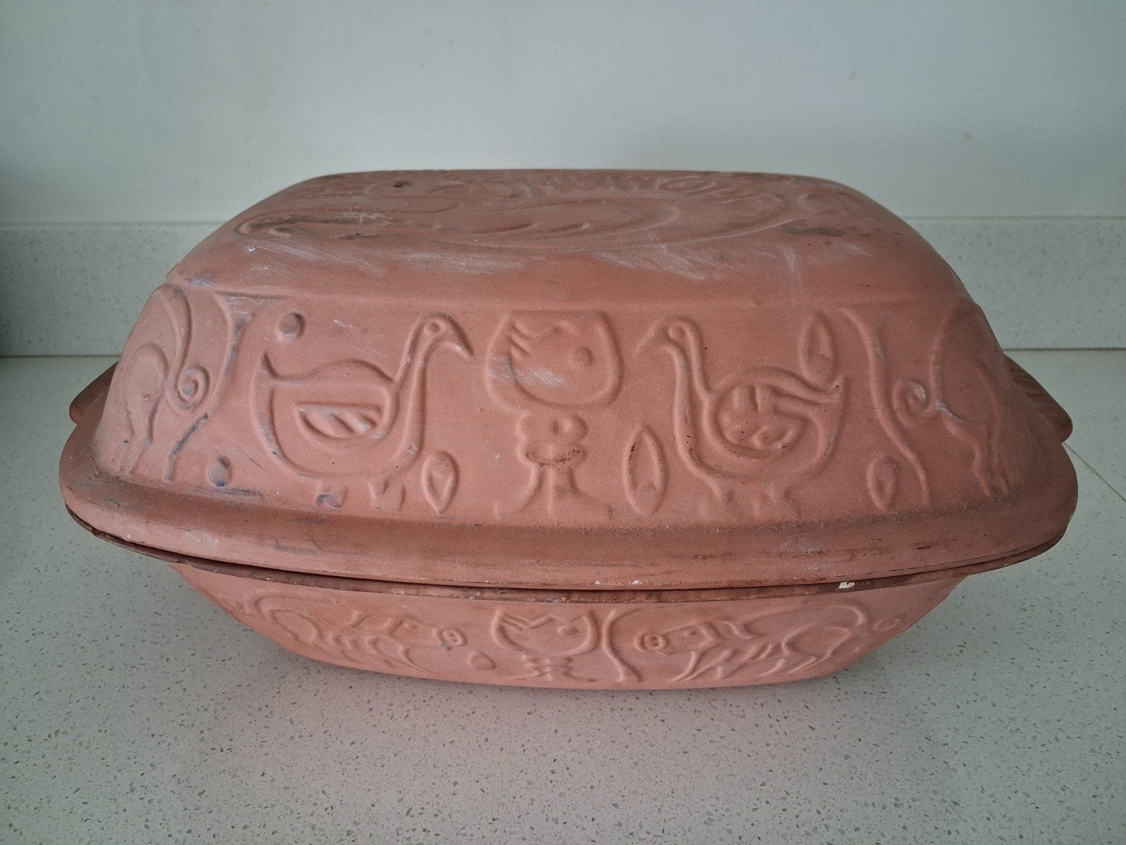 Originele Römertopf klei braadpan, Huis en Inrichting, Keuken | Potten en Pannen, Ophalen, Gebruikt, Braadpan, Met deksel