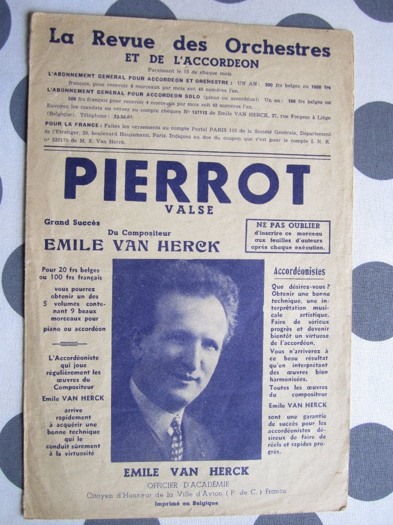 Pierrot , Emile van Herck , piano - accordeon, Muziek en Instrumenten, Bladmuziek, Gebruikt, Ophalen of Verzenden, Artiest of Componist