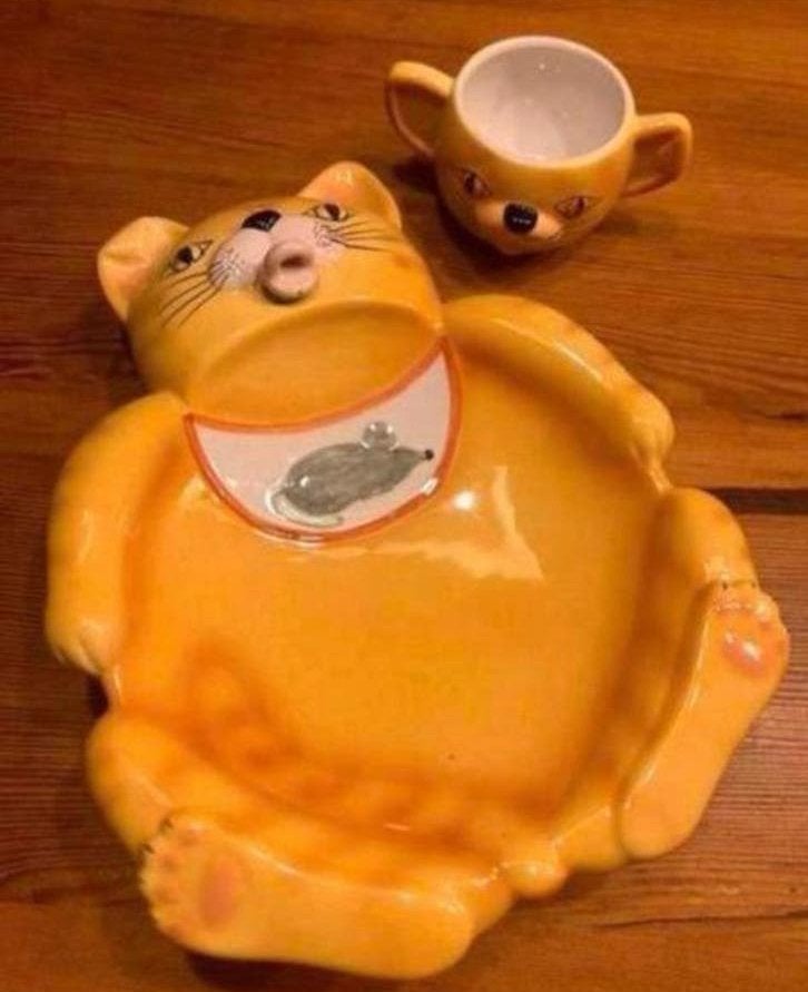 Keramische kat kitten bord en kopje, Antiek en Kunst, Antiek | Keramiek en Aardewerk, Ophalen of Verzenden