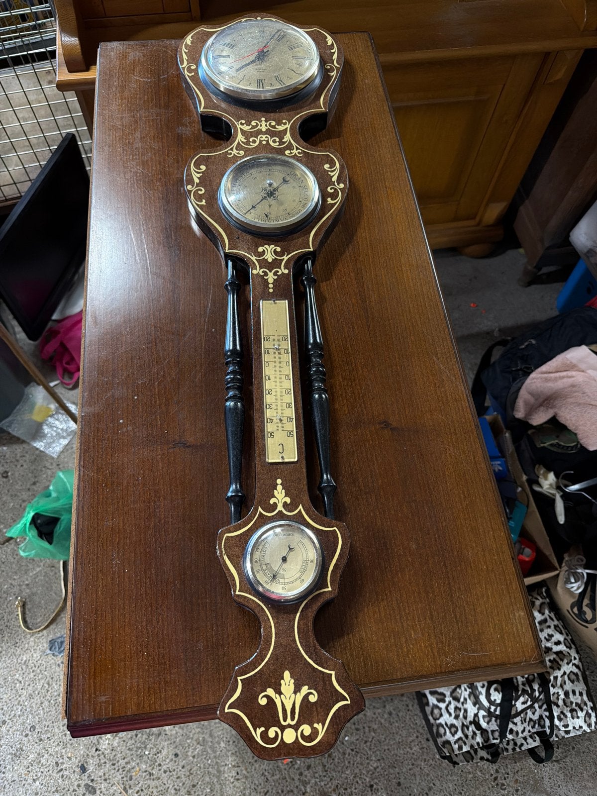 Antieke Barometer Weerstation met Klok en Thermometer, Ophalen of Verzenden, Gebruikt, Weerstation