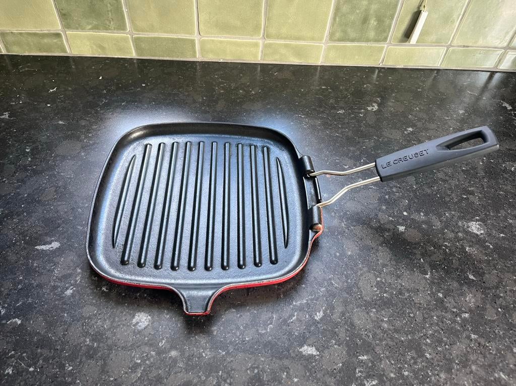Le Creuset- Gietijzer-  Grillpan- opvouwbaar handvat, Huis en Inrichting, Keuken | Potten en Pannen, Ophalen, Overige typen, Zo goed als nieuw
