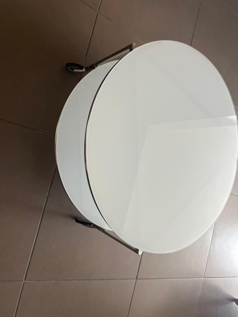 Moderne glazen salontafel op wieltjes van ikea, Ophalen, Minder dan 45 cm, Gebruikt, Rond