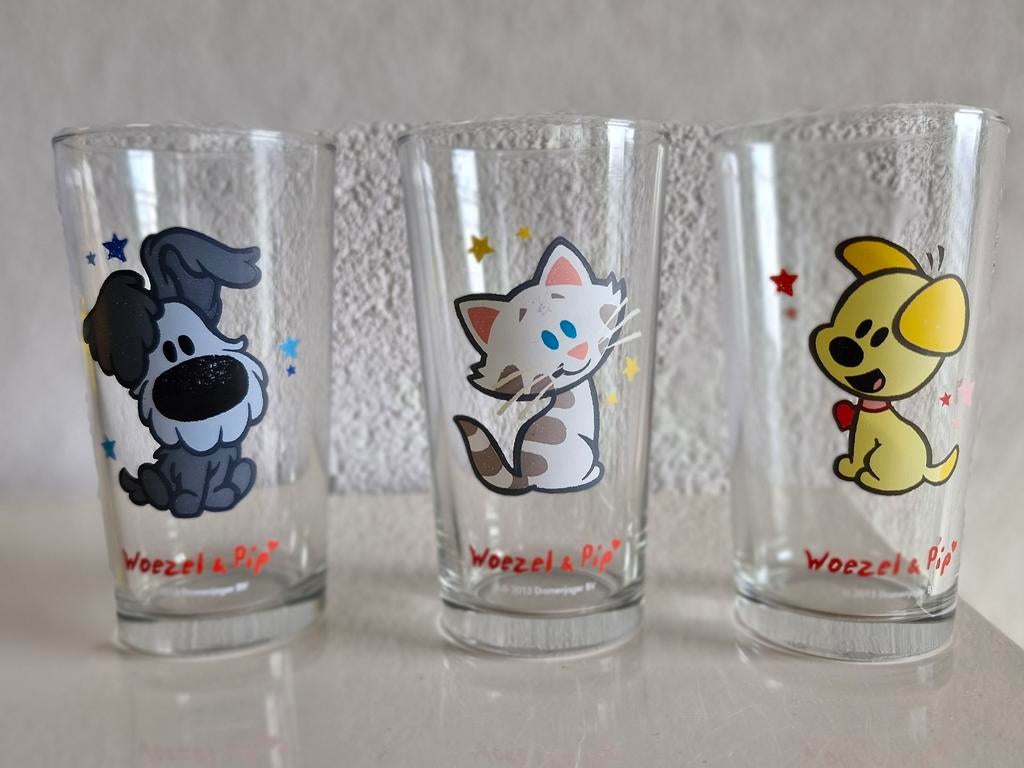Drie glazen Woezel en Pip, Ophalen of Verzenden, Zo goed als nieuw, Frisdrankglas