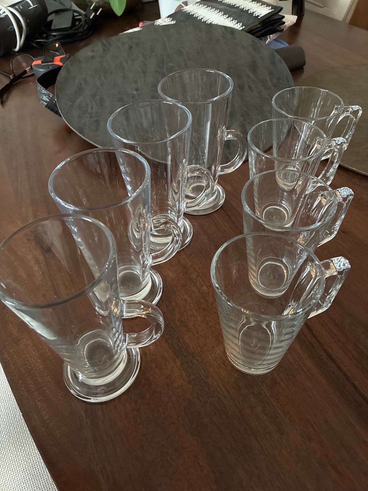 Set van 8 glazen mokken en latte glazen, Ophalen, Gebruikt, Glas, Glas of Glazen