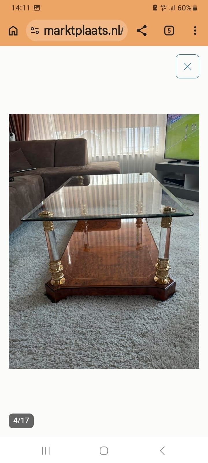 Glazen Salontafel met Houten en Gouden Details, Huis en Inrichting, Tafels | Salontafels, Ophalen, 50 – 75, 100 tot 150 cm, 50 tot 100 cm