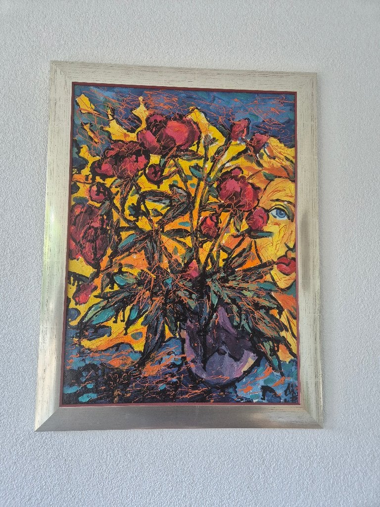 Levendig Olieverf Schilderij Pioenen van A. Kravchenko, Doek, Expressionistisch, Gedateerd, Olieverf