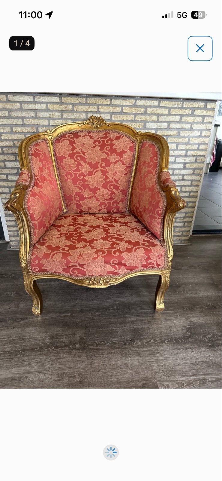 Antieke Barok Fauteuil - Rood met Gouden Frame, Ophalen of Verzenden