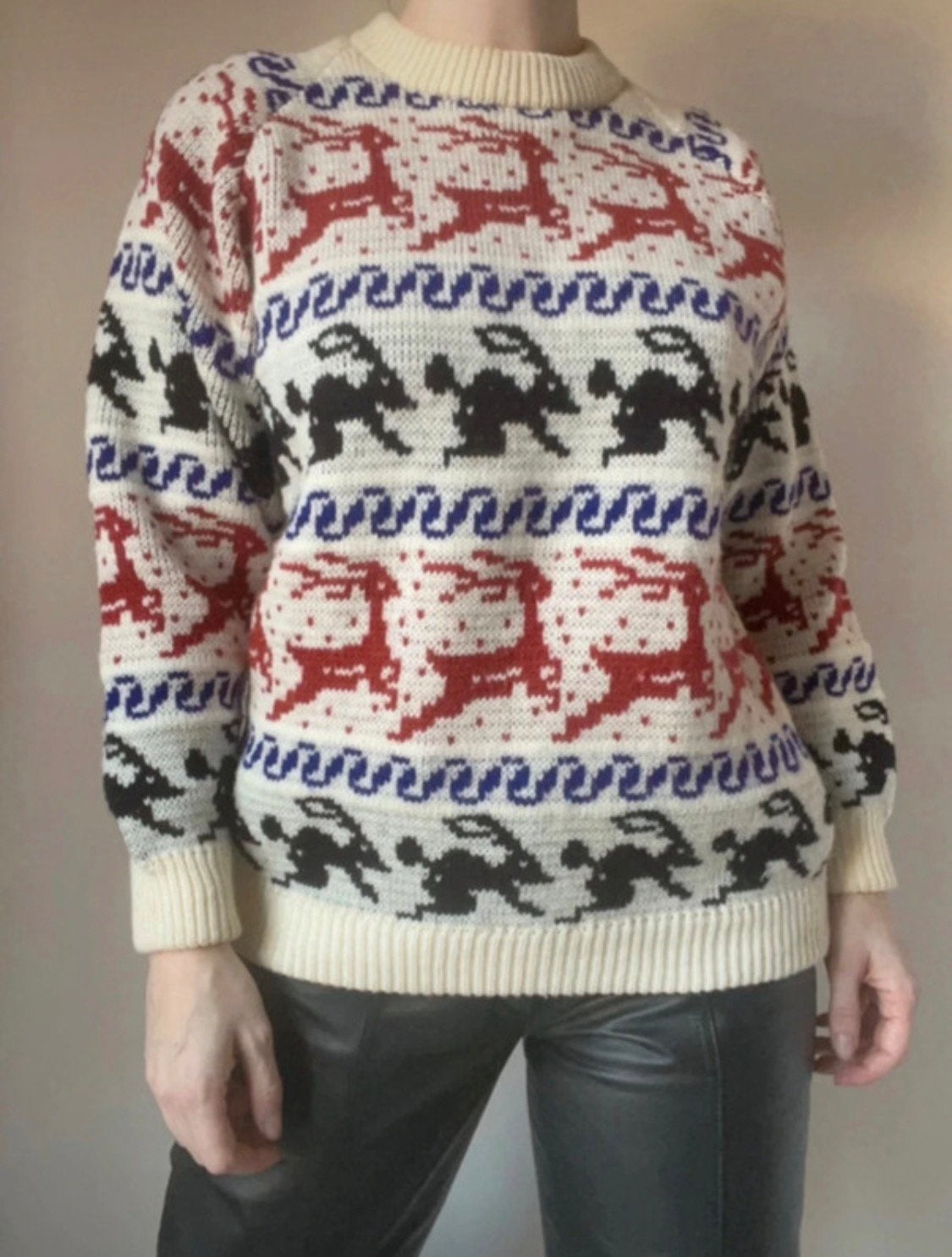 Vintage trui met hert/konijn, M. Knit unisex boho bohemian, Maat 38/40 (M), Vintage, Gedragen, Meerkleurig