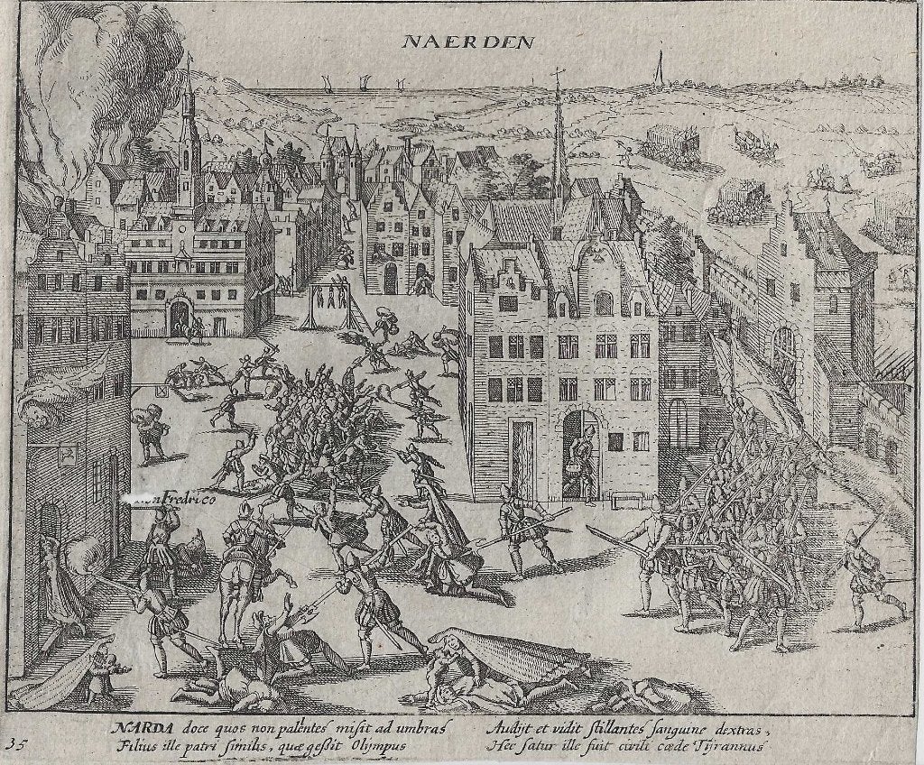 Naerden Moordpartij Naarden Spaanse troepen Don Frederik1572, Antiek en Kunst, Gravure, 13 cm, 16 cm, Blanco verso