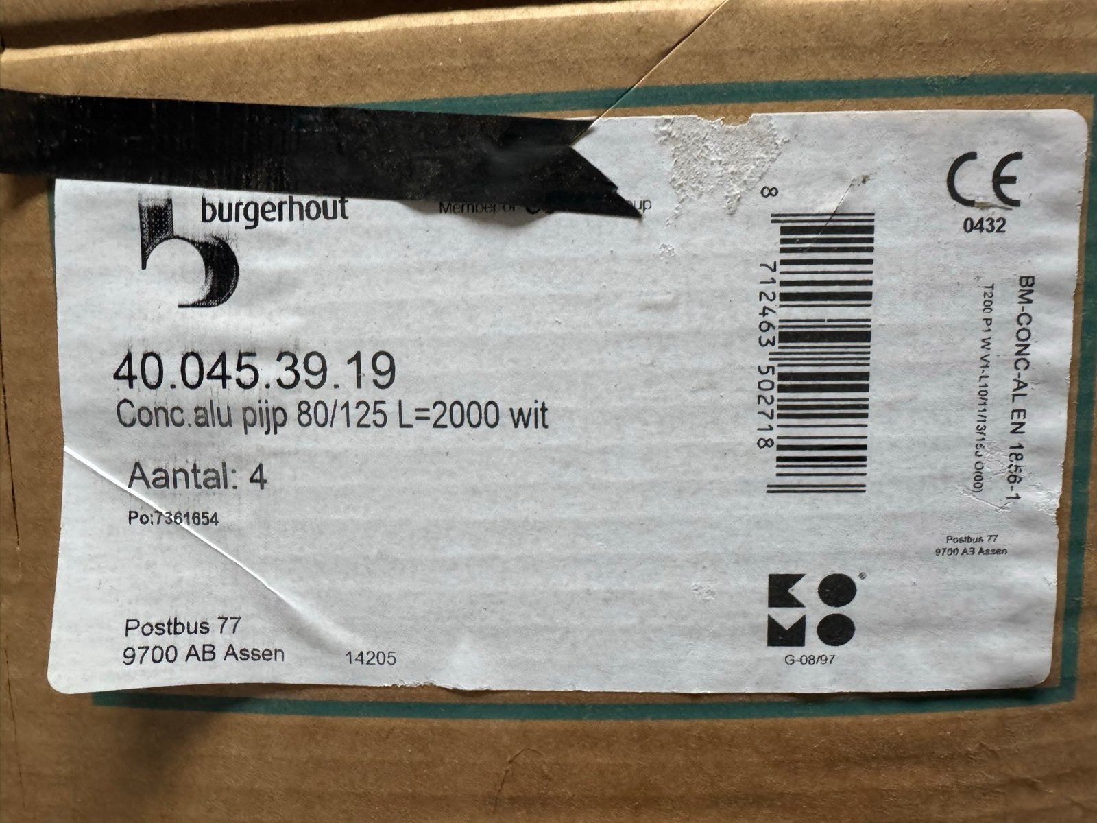 Concentric aluminium pijp 80/125 L=2000 wit (4 stuks), Doe-het-zelf en Verbouw, Ophalen, Nieuw, Boiler, Minder dan 3 jaar oud