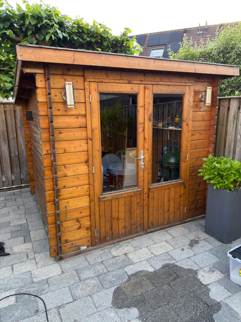Houten tuinhuis met dubbele deuren en ramen, Ophalen, Tuinhuis, 250 tot 500 cm, 2 ramen